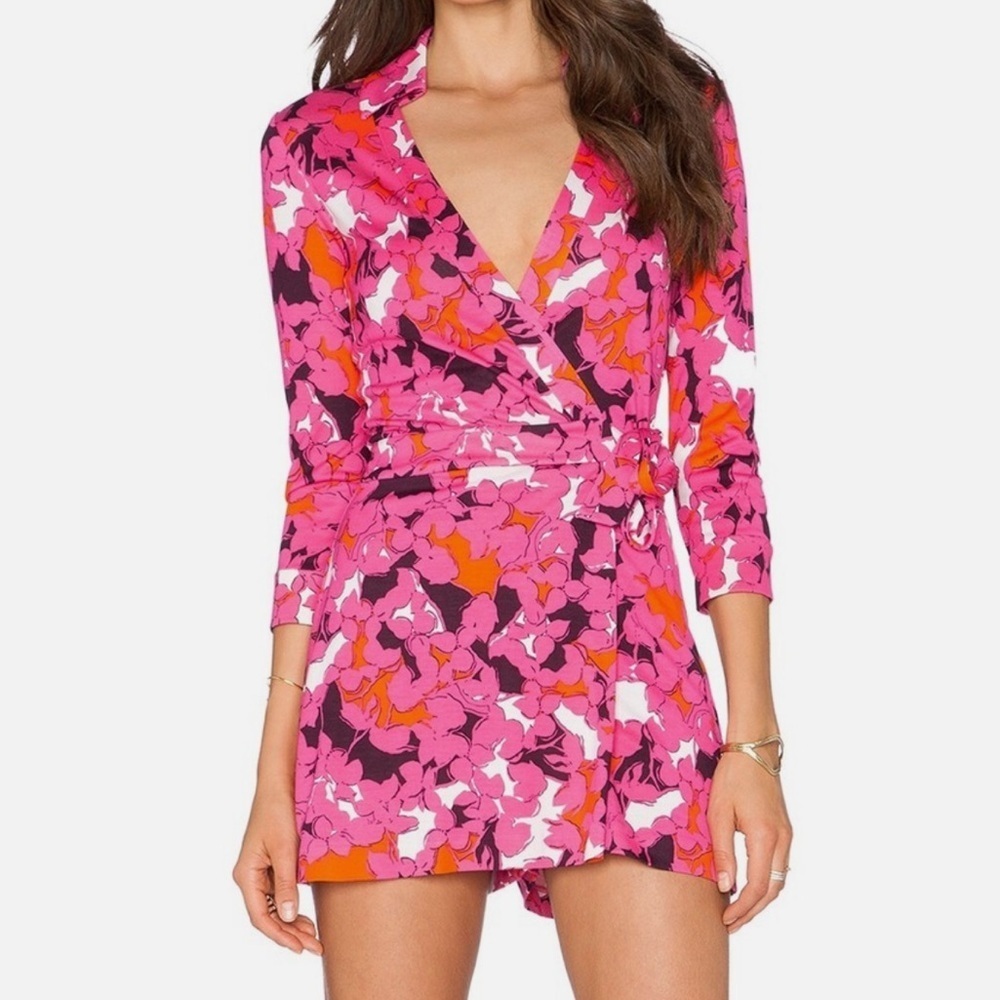 Diane Von Furstenberg Celeste Wrap Romper Eden Garden Pink Silk Jersey Floral